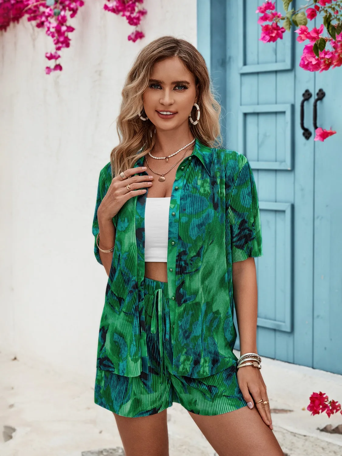 Printed Button Up Half Sleeve Top and Shorts Set sold by Charming Charlie product image thumbnail 4