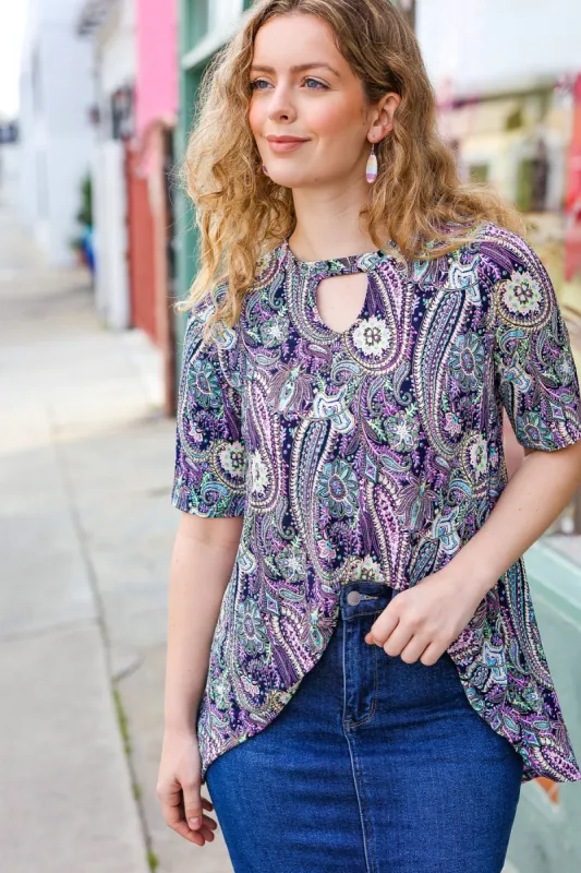 Bold & Sassy Navy Floral Paisley Front Keyhole Tunic Top sold by Charming Charlie