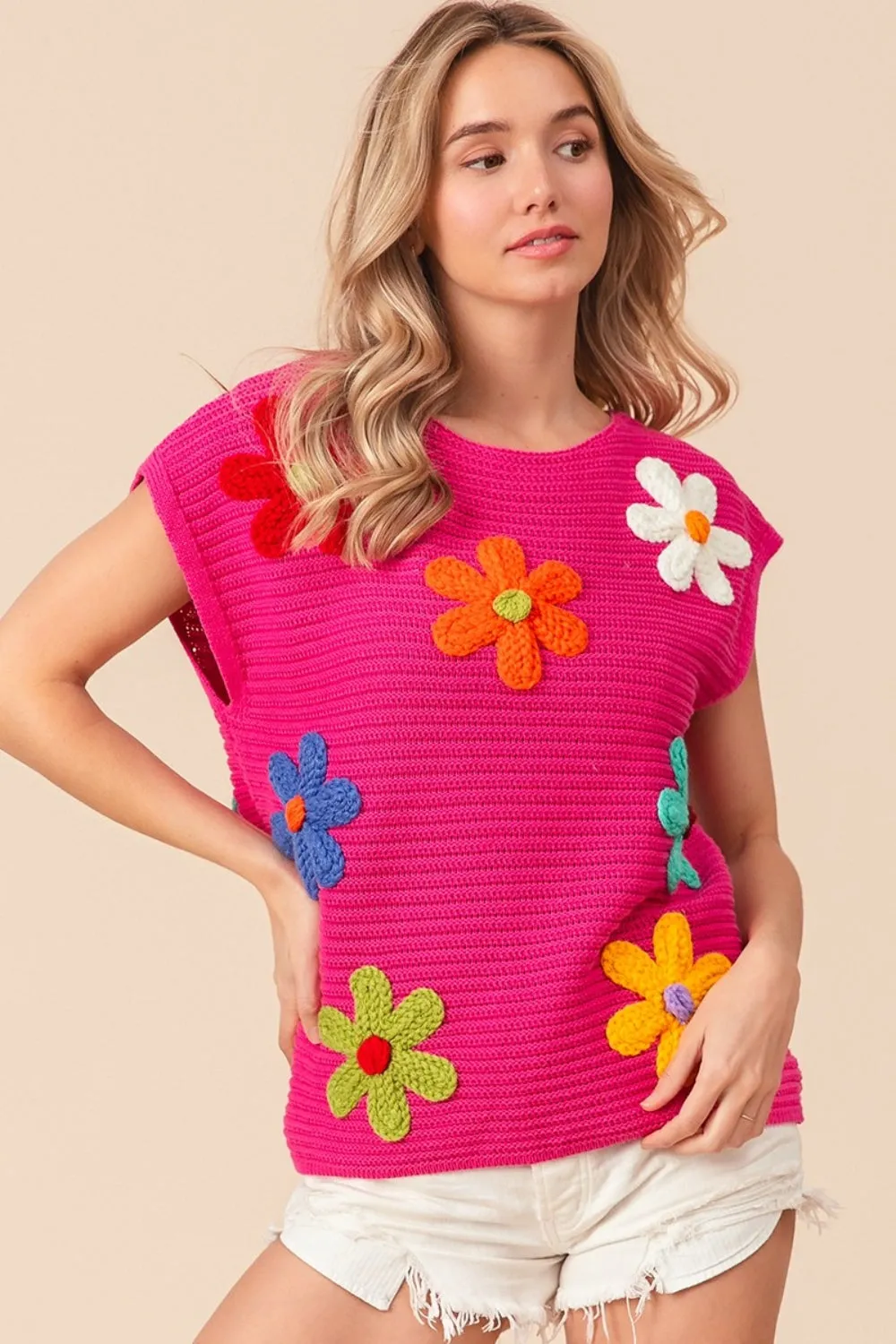 BiBi Flower Round Neck Cap Sleeve Knit Top sold by Charming Charlie product image thumbnail 5