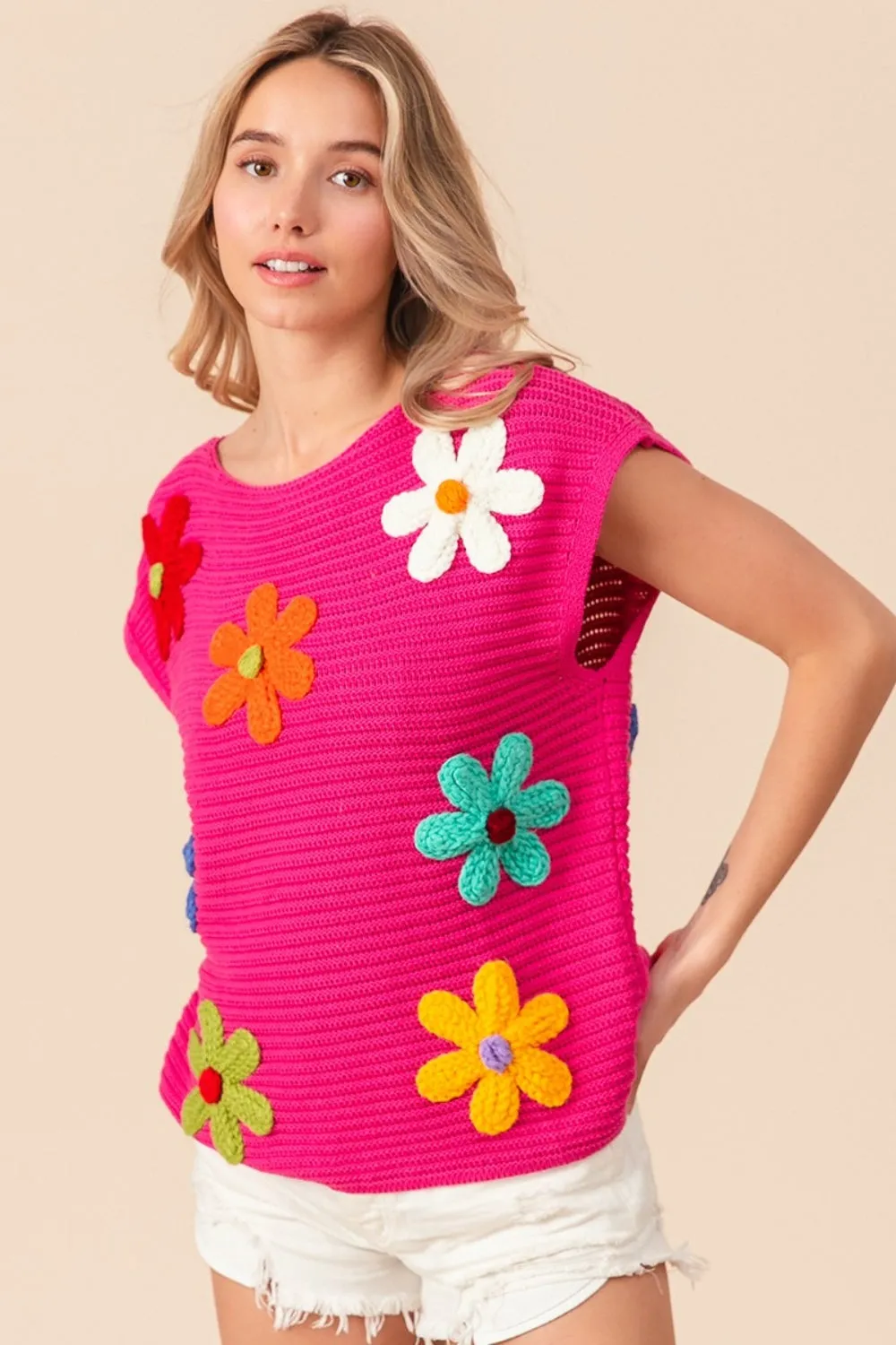 BiBi Flower Round Neck Cap Sleeve Knit Top sold by Charming Charlie product image thumbnail 2