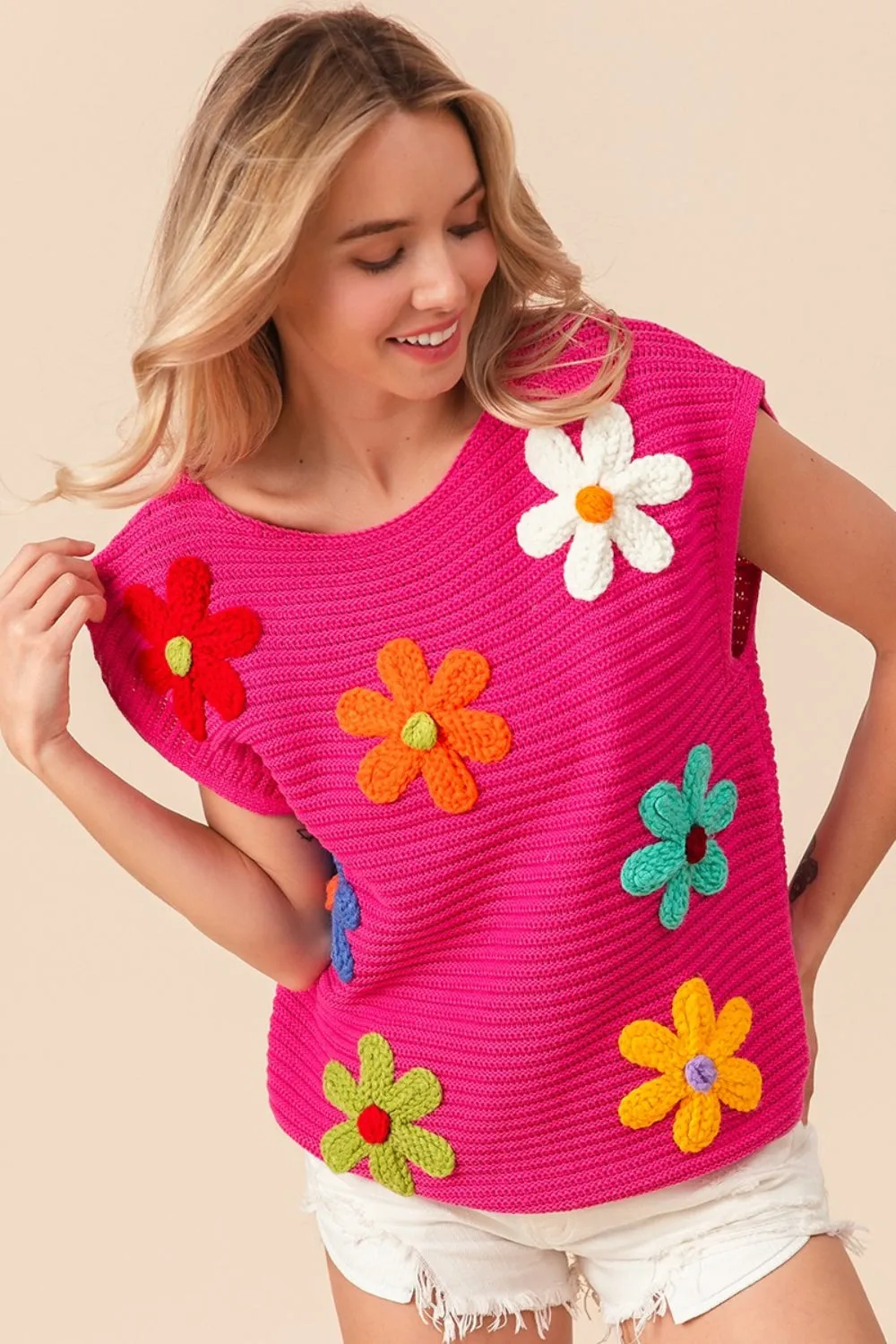 BiBi Flower Round Neck Cap Sleeve Knit Top sold by Charming Charlie product image thumbnail 3