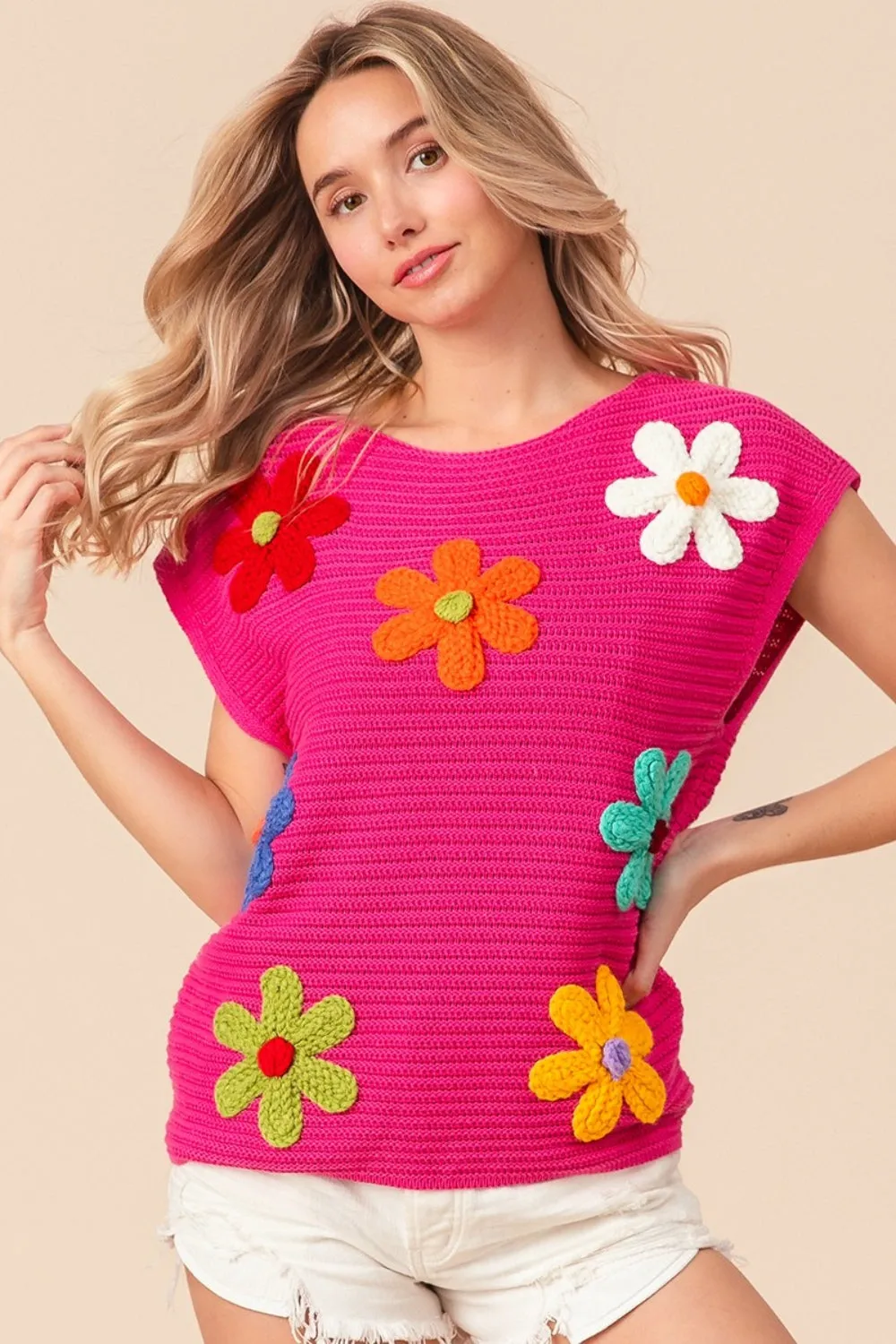 BiBi Flower Round Neck Cap Sleeve Knit Top sold by Charming Charlie