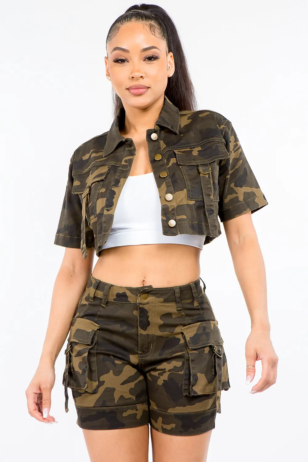 American Bazi Full Size Camouflage Short Sleeve Cropped Jacket sold by Charming Charlie