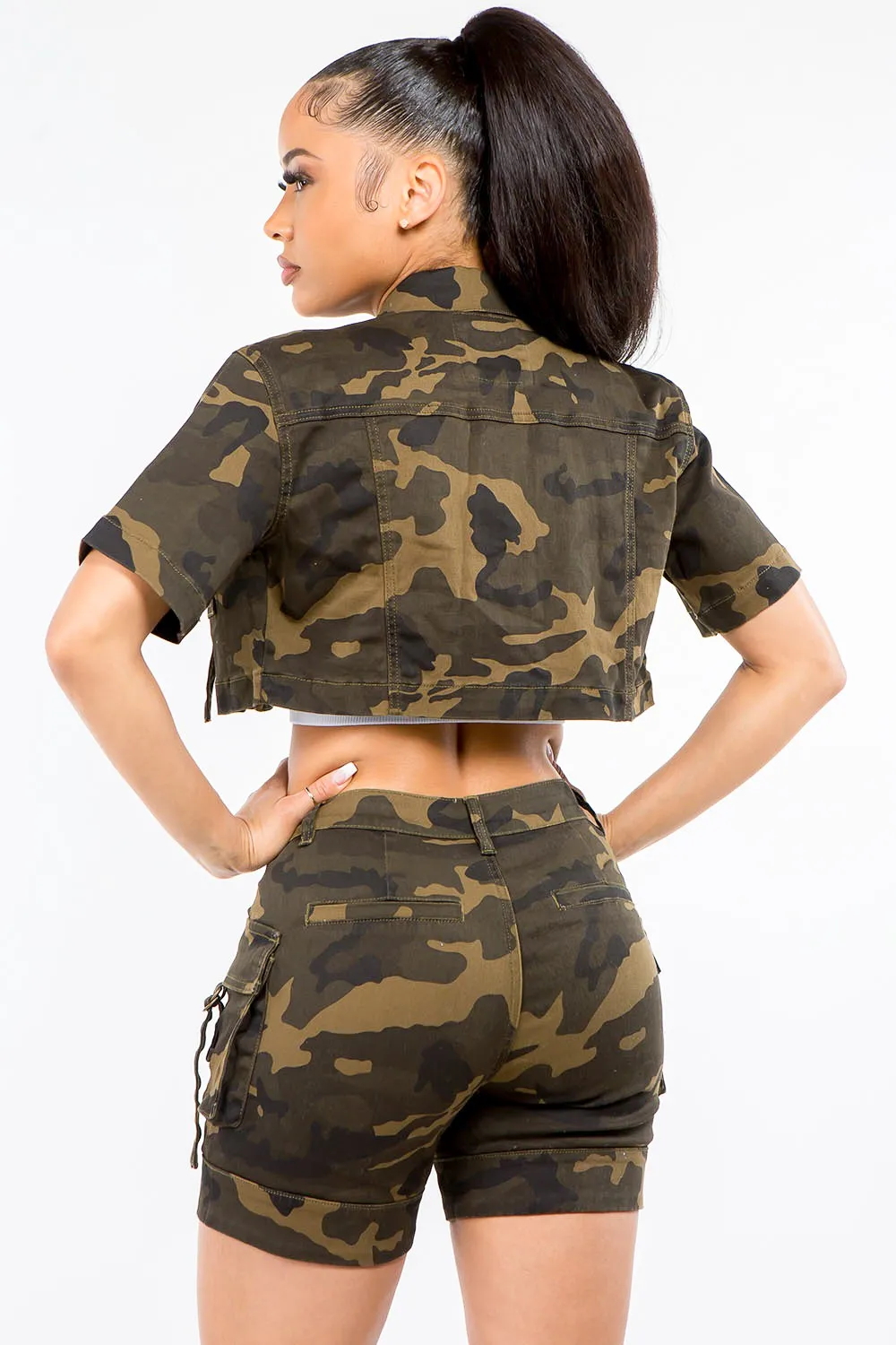 American Bazi Full Size Camouflage Short Sleeve Cropped Jacket sold by Charming Charlie product image thumbnail 2