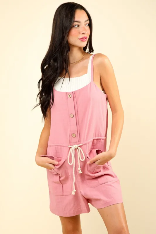VERY J Half Button Drawstring Sleeveless Romper sold by Charming Charlie