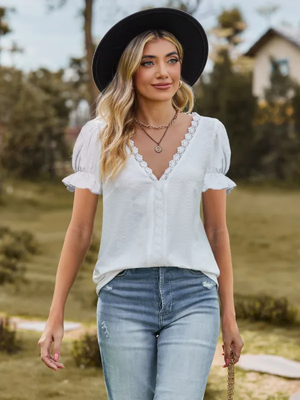 Lace Detail V-Neck Flounce Sleeve Blouse sold by Charming Charlie