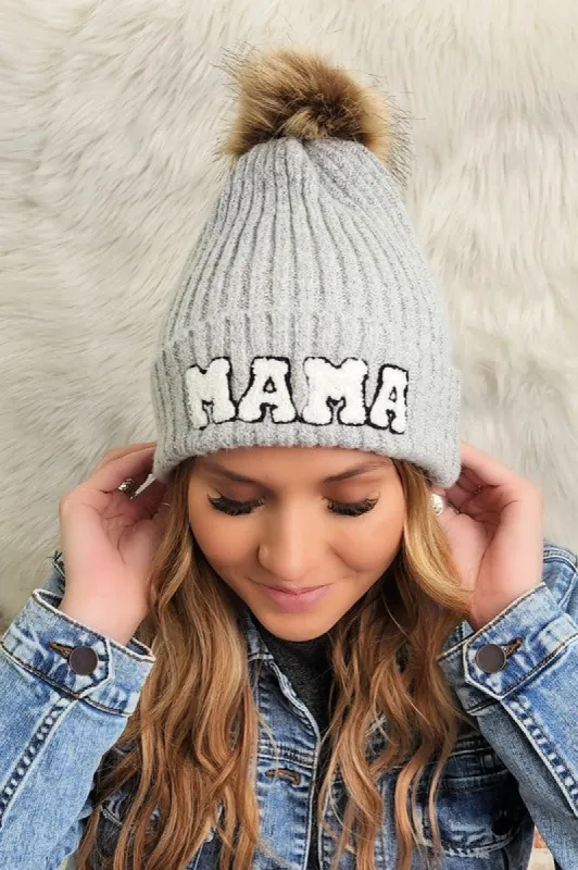 Chenille Mama Patch Faux Fur Pom Beanie Cap sold by Charming Charlie