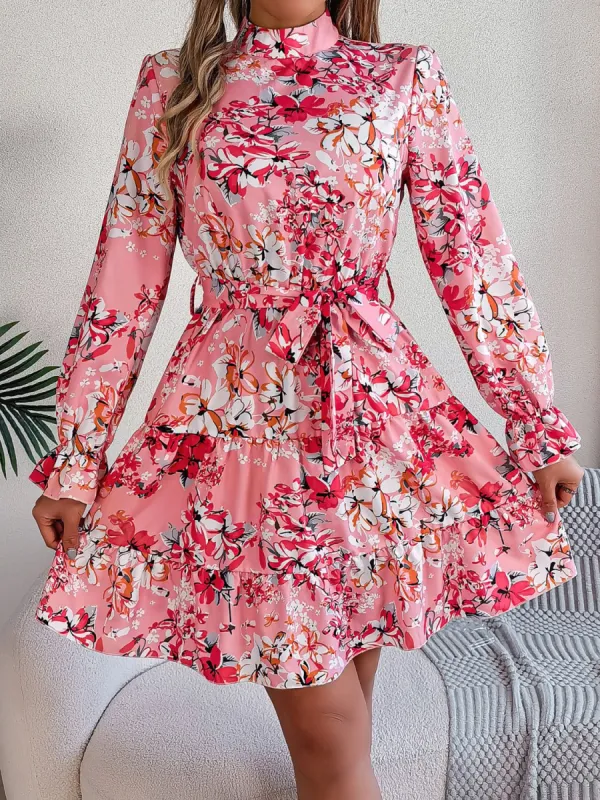 Printed Mock Neck Flounce Sleeve Mini Dress sold by Charming Charlie