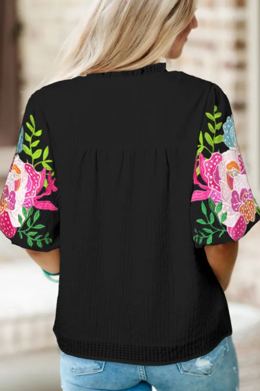 Embroidered Notched Puff Sleeve Blouse sold by Charming Charlie