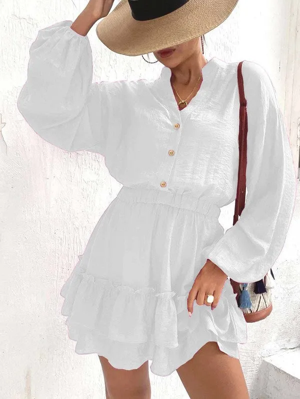 Long sleeve button front ruffle dress sold by Charming Charlie product image thumbnail 2