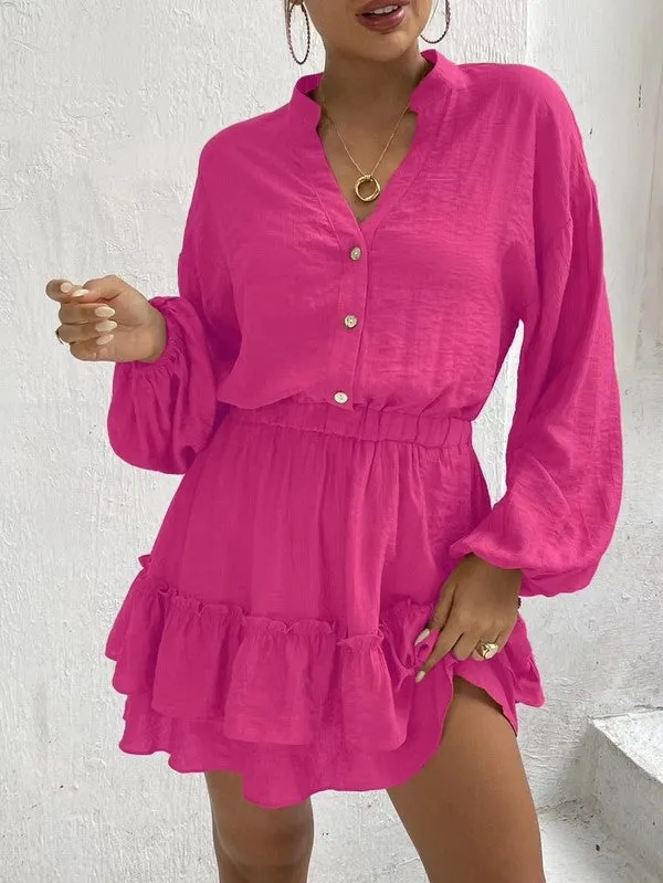Long sleeve button front ruffle dress sold by Charming Charlie