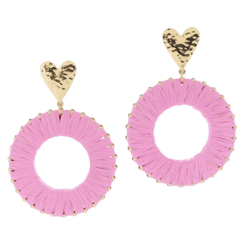 Gold Hammered Heart Post with Pink Raffia Wrapped Open Circle Earrings, 3" Top to Bottom sold by Charming Charlie