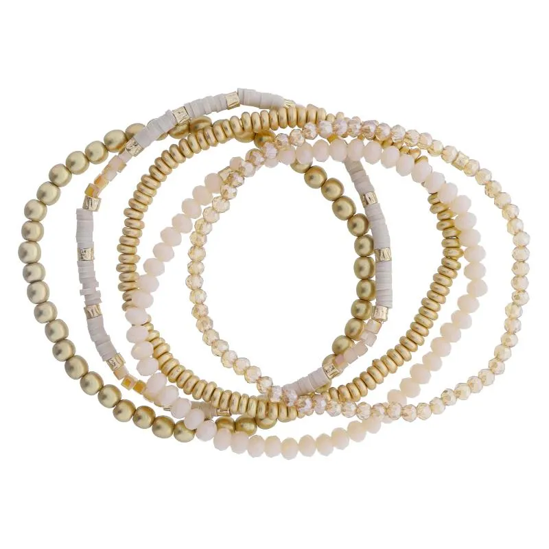 Set of 5 Coordinating Champagne, Natural, Gold Beaded Bracelets, 8" Around sold by Charming Charlie