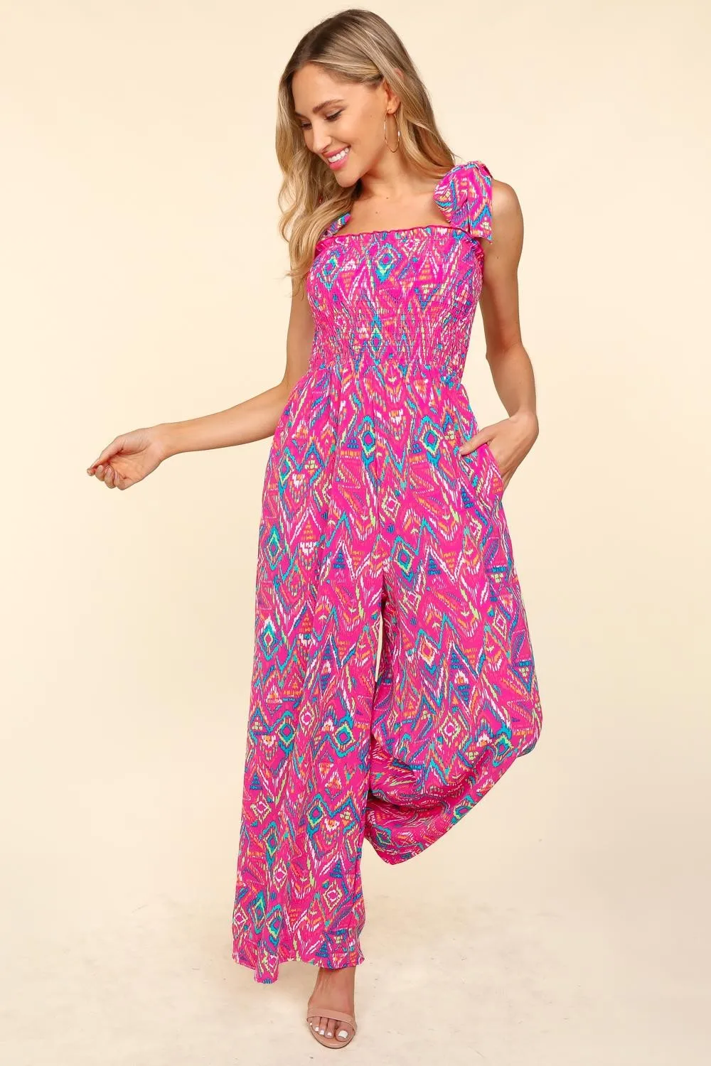 Haptics Printed Smocked Sleeveless Jumpsuit sold by Charming Charlie product image thumbnail 4