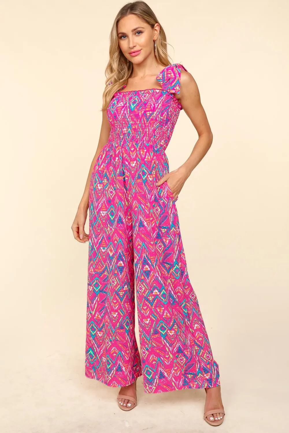 Haptics Printed Smocked Sleeveless Jumpsuit sold by Charming Charlie