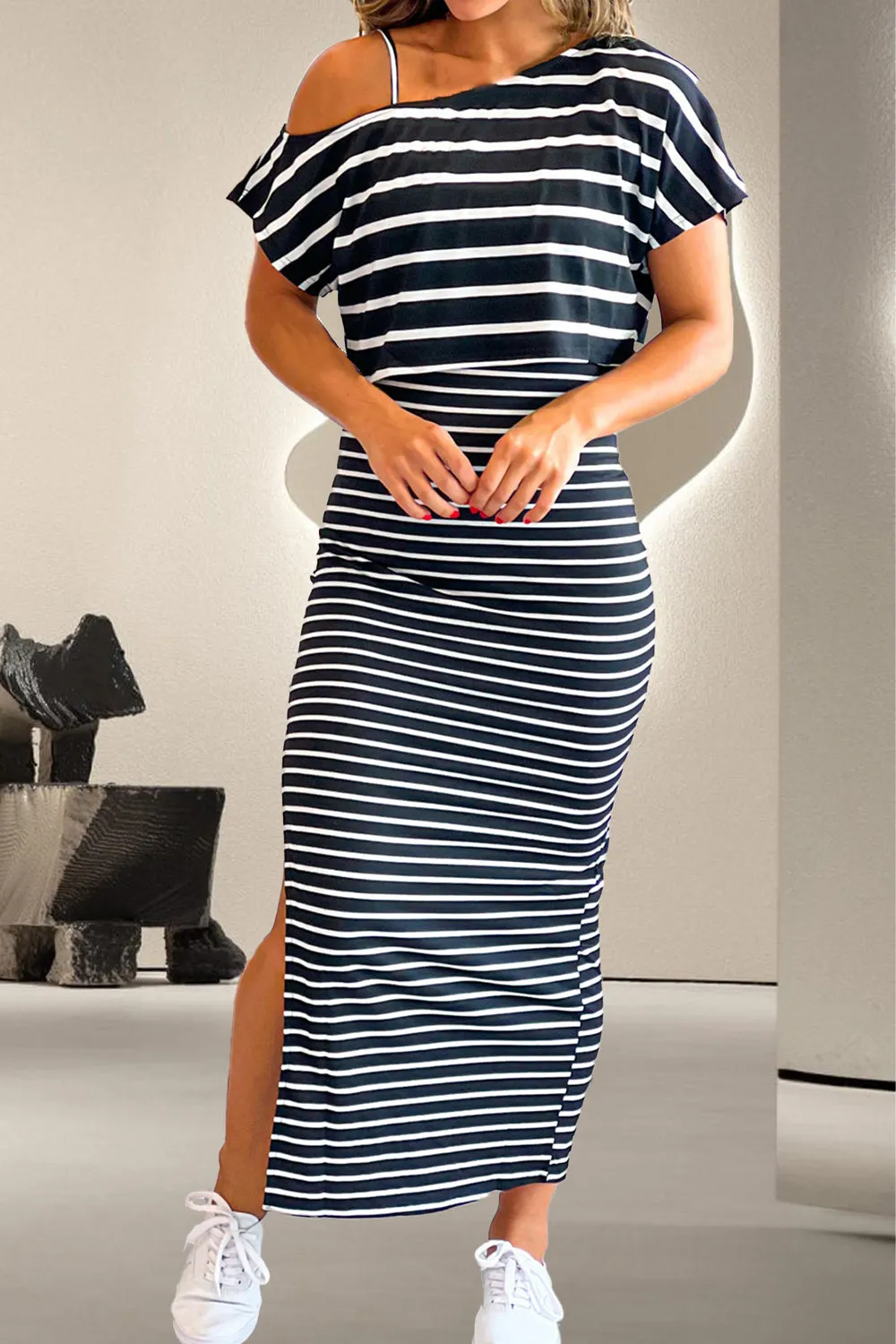 Slit Striped Short Sleeve Dress sold by Charming Charlie