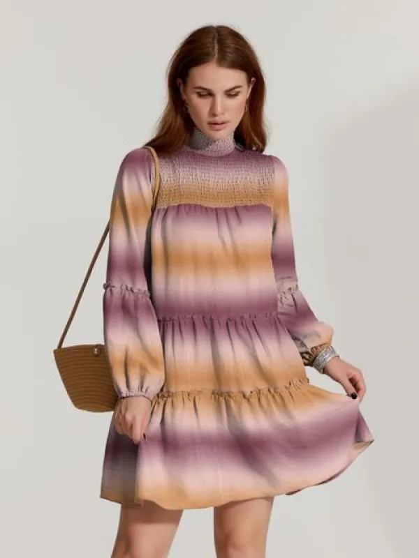 Frill Smocked Turtleneck Balloon Sleeve Mini Dress sold by Charming Charlie