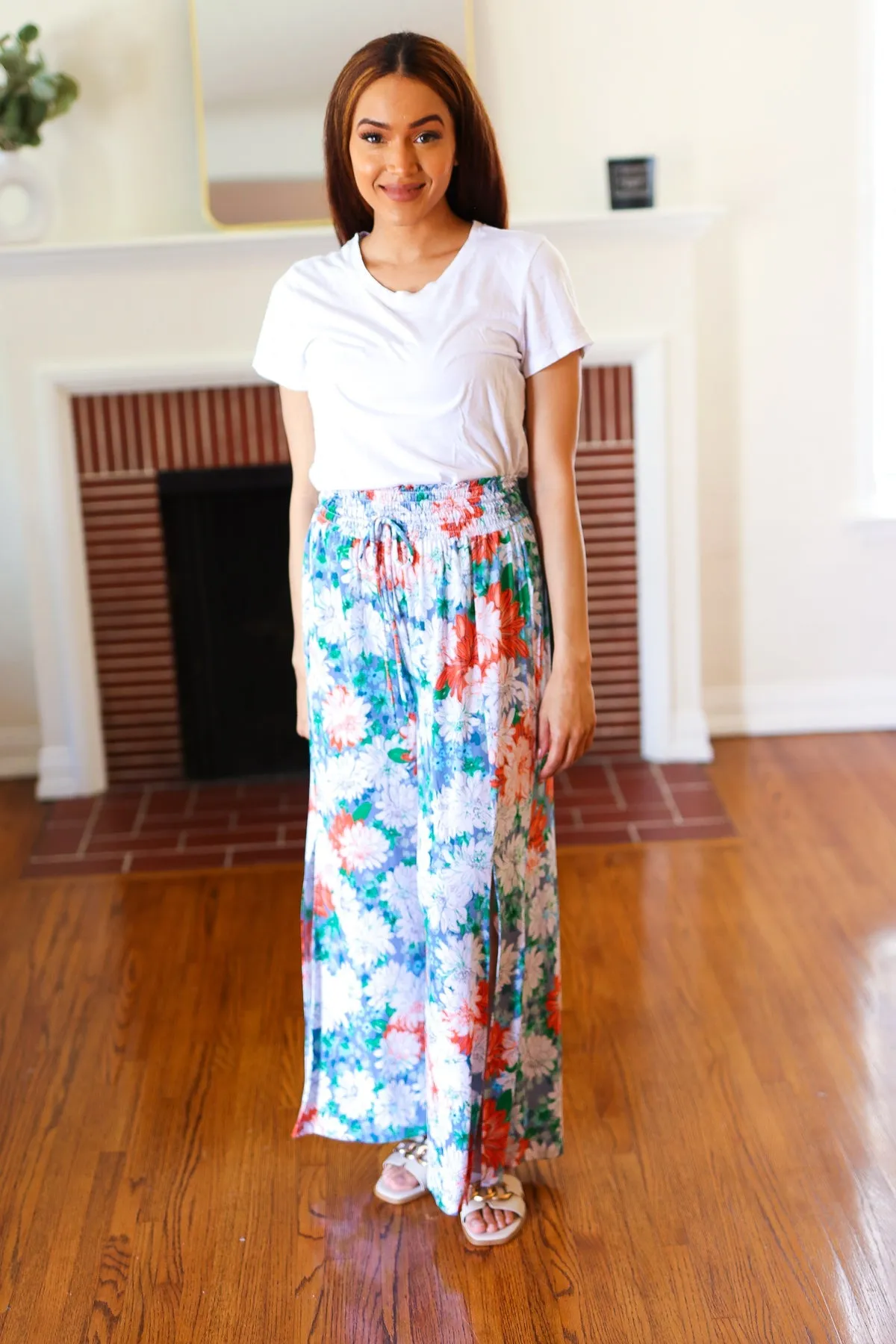 Vacay Vibes Green Floral Smocked Waist Side Slit Palazzo Pants sold by Charming Charlie