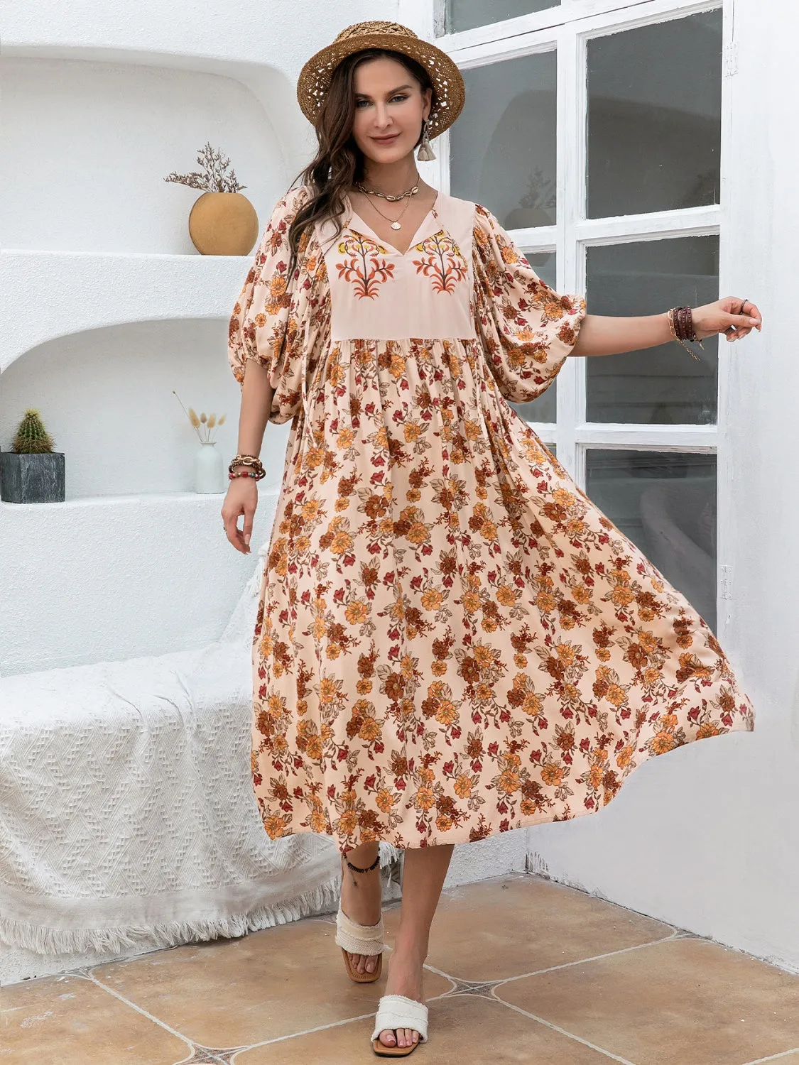 Plus Size Printed Tie Neck Half Sleeve Midi Dress sold by Charming Charlie product image thumbnail 4