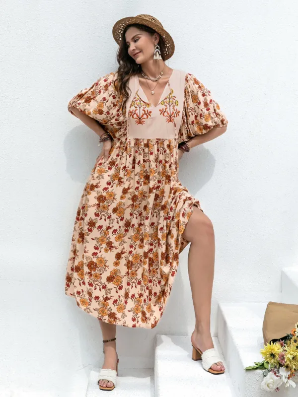 Plus Size Printed Tie Neck Half Sleeve Midi Dress sold by Charming Charlie