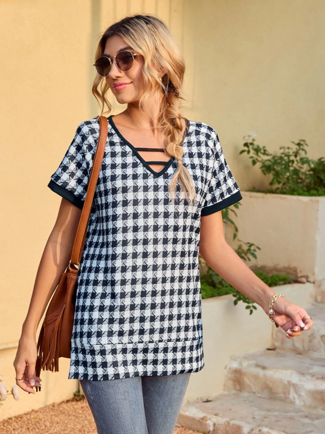 Houndstooth V-Neck Short Sleeve T-Shirt sold by Charming Charlie product image thumbnail 3