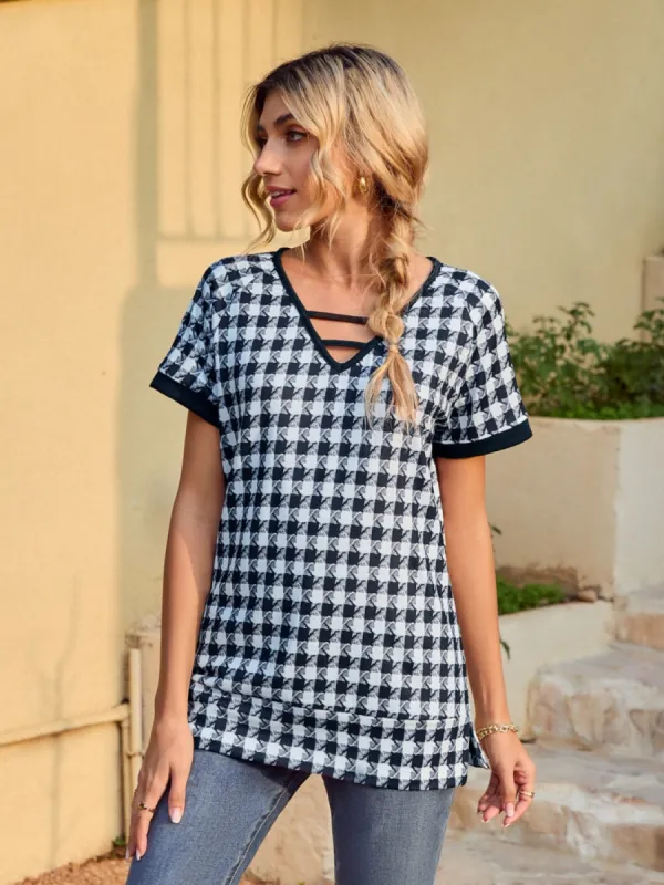 Houndstooth V-Neck Short Sleeve T-Shirt sold by Charming Charlie