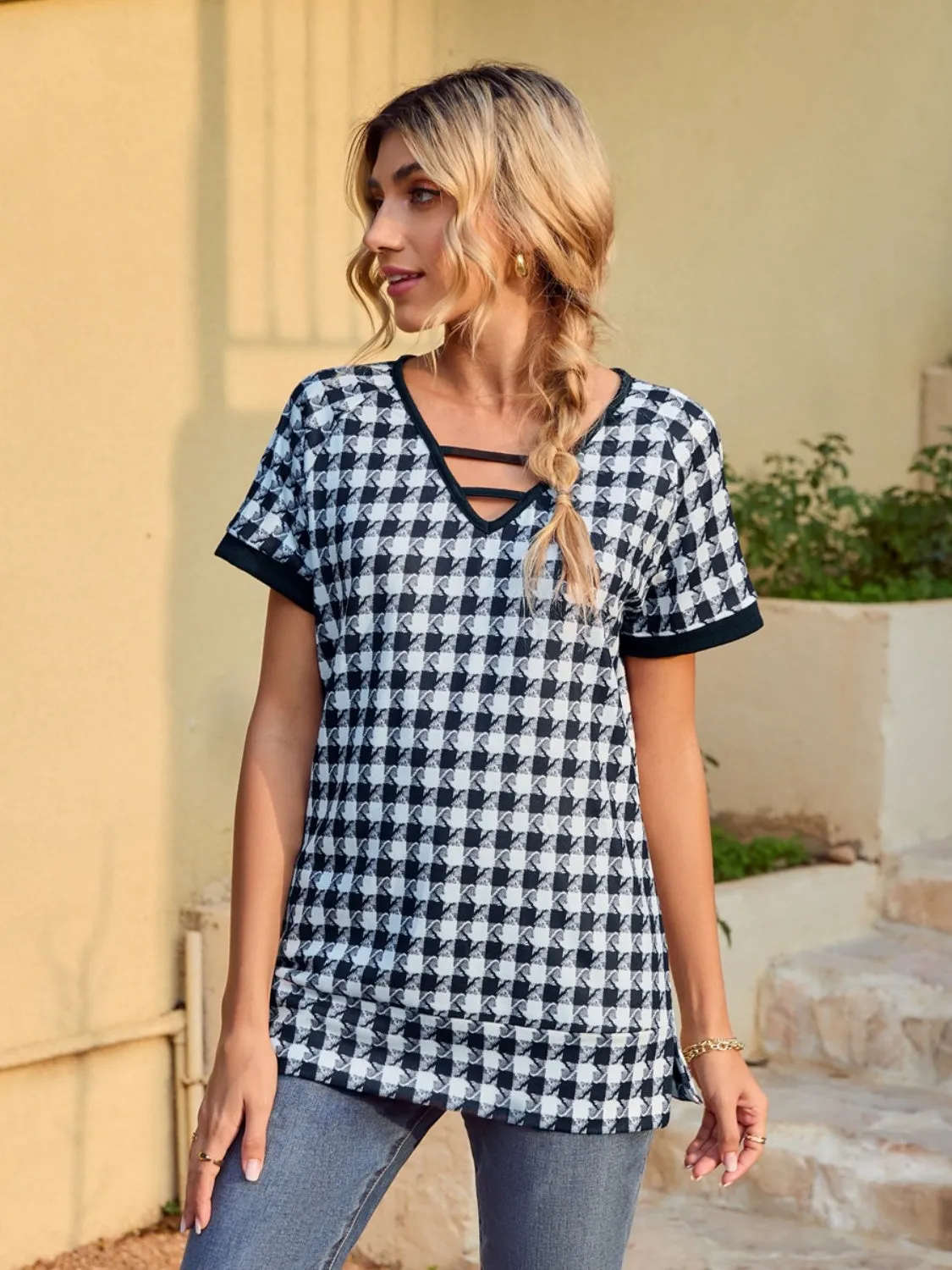 Houndstooth V-Neck Short Sleeve T-Shirt sold by Charming Charlie