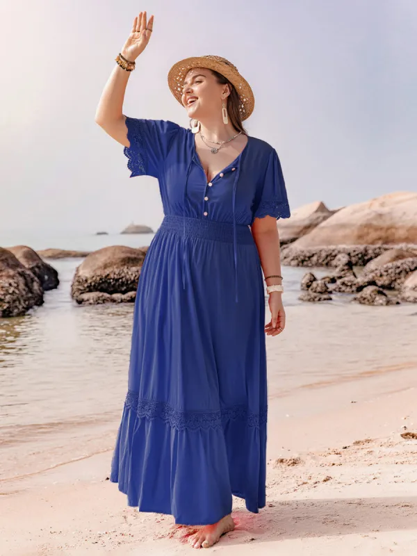Plus Size Lace Detail Tie Neck Short Sleeve Maxi Dress sold by Charming Charlie
