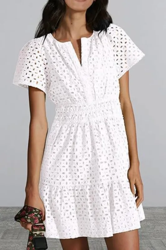 Eyelet Notched Short Sleeve Mini Dress sold by Charming Charlie