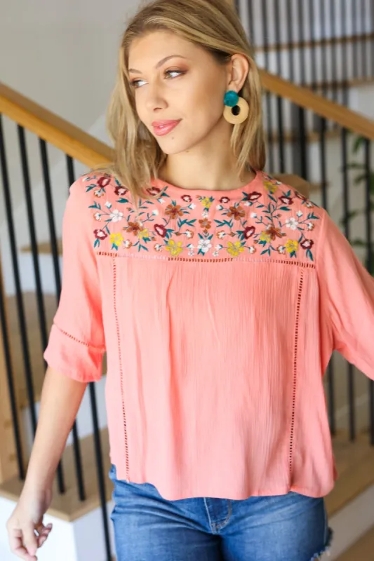 In Your Dreams Peach Floral Embroidery Ladder Trim Blouse sold by Charming Charlie