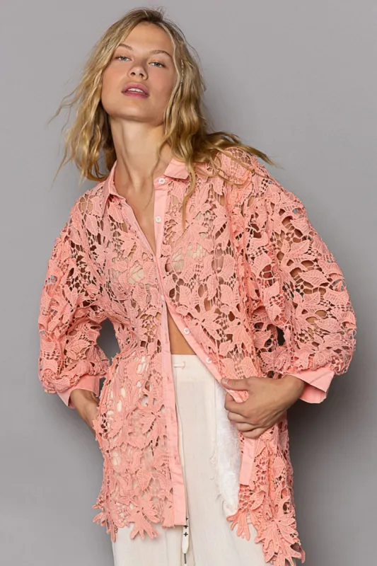 POL Collared Neck Button Up Lace Shirt sold by Charming Charlie