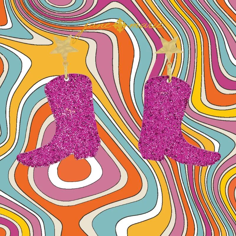 Mini Hammered Gold Star Post with Fuchsia Glitter Resin Cowgirl Boot Earrings, 1.75" Top to Bottom sold by Charming Charlie