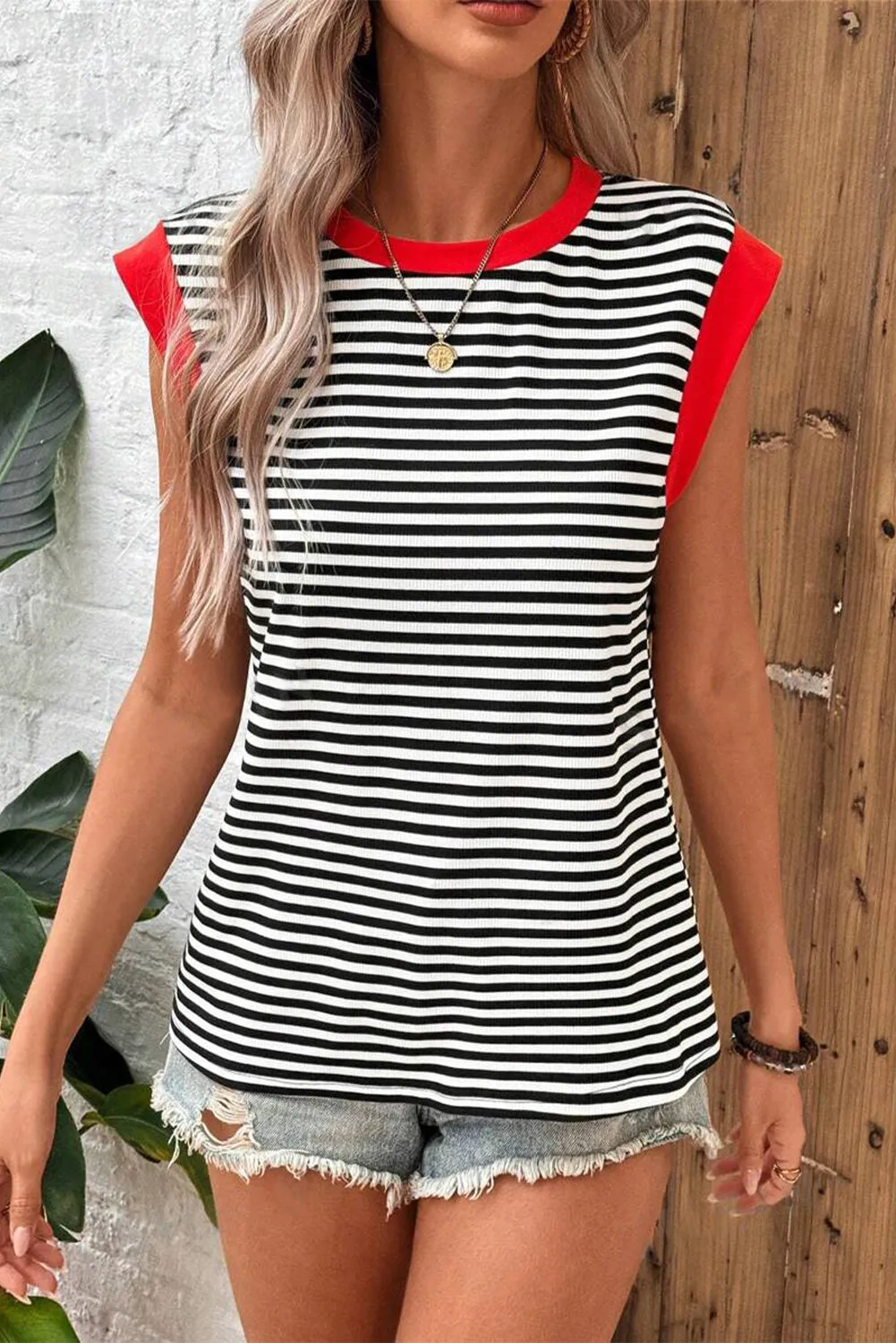 Striped Round Neck Cap Sleeve Top sold by Charming Charlie