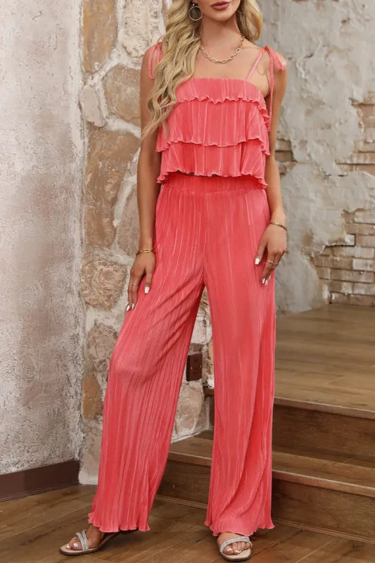 Layered Tie Shoulder Top and Wide Leg Pants Set sold by Charming Charlie