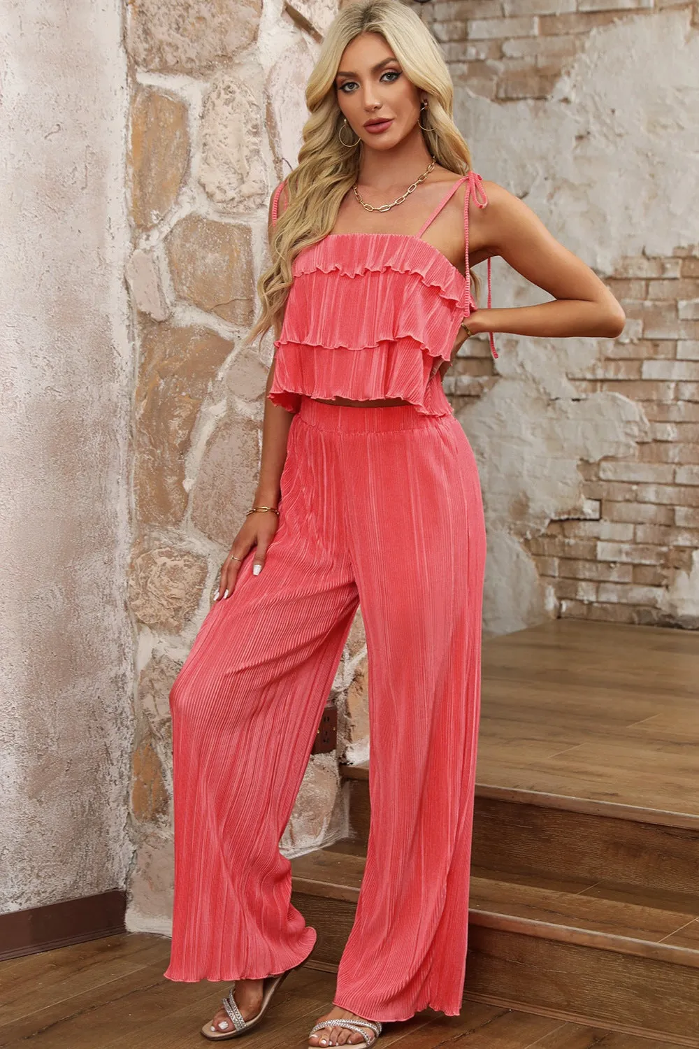 Layered Tie Shoulder Top and Wide Leg Pants Set sold by Charming Charlie product image thumbnail 2
