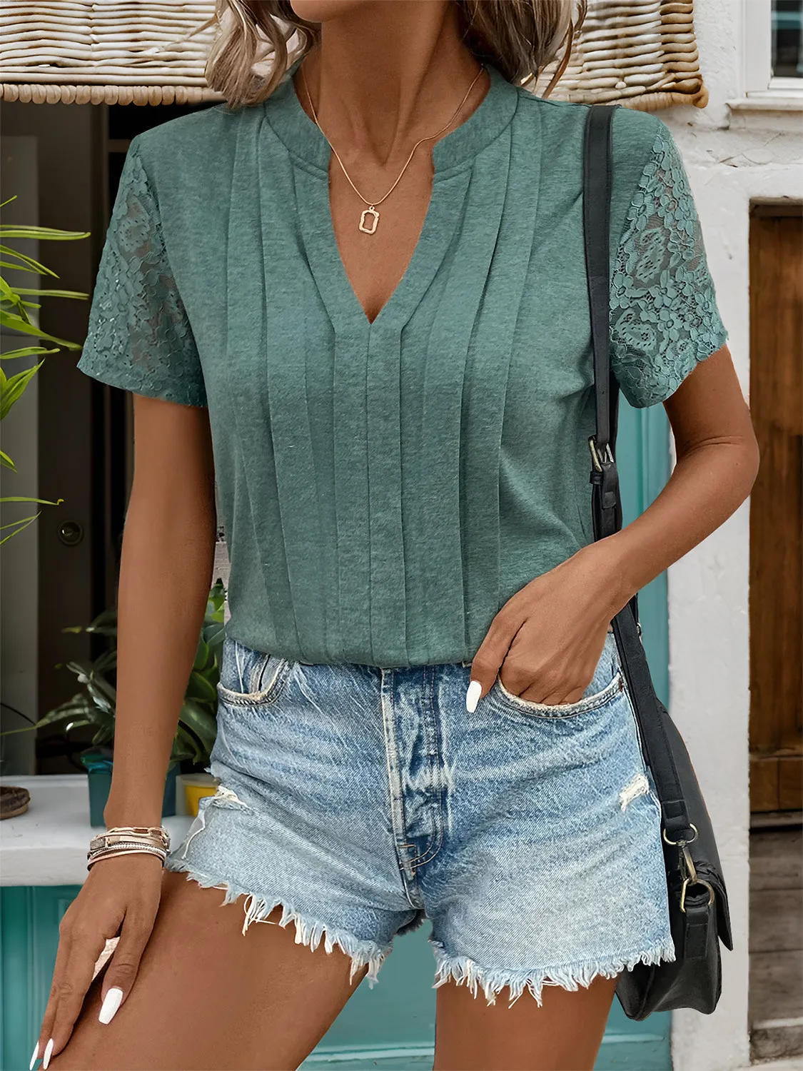 Lace Detail Notched Short Sleeve T-Shirt sold by Charming Charlie product image thumbnail 3