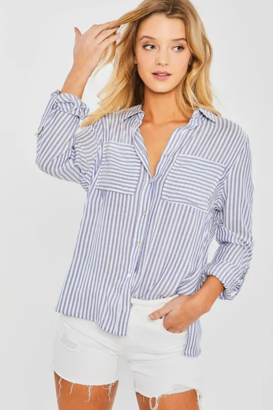 Love Tree Striped Collared Neck Long Sleeve Shirt sold by Charming Charlie