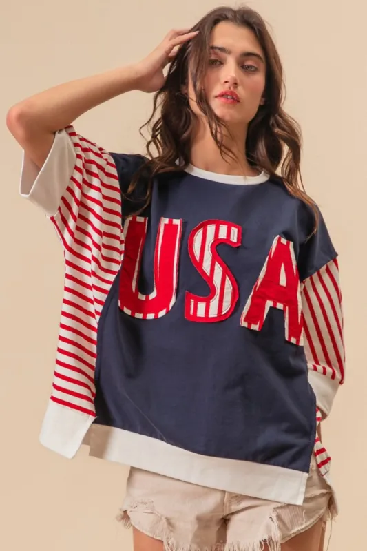 BiBi USA Letter Patchwork Contrast Short Sleeve T-Shirt sold by Charming Charlie