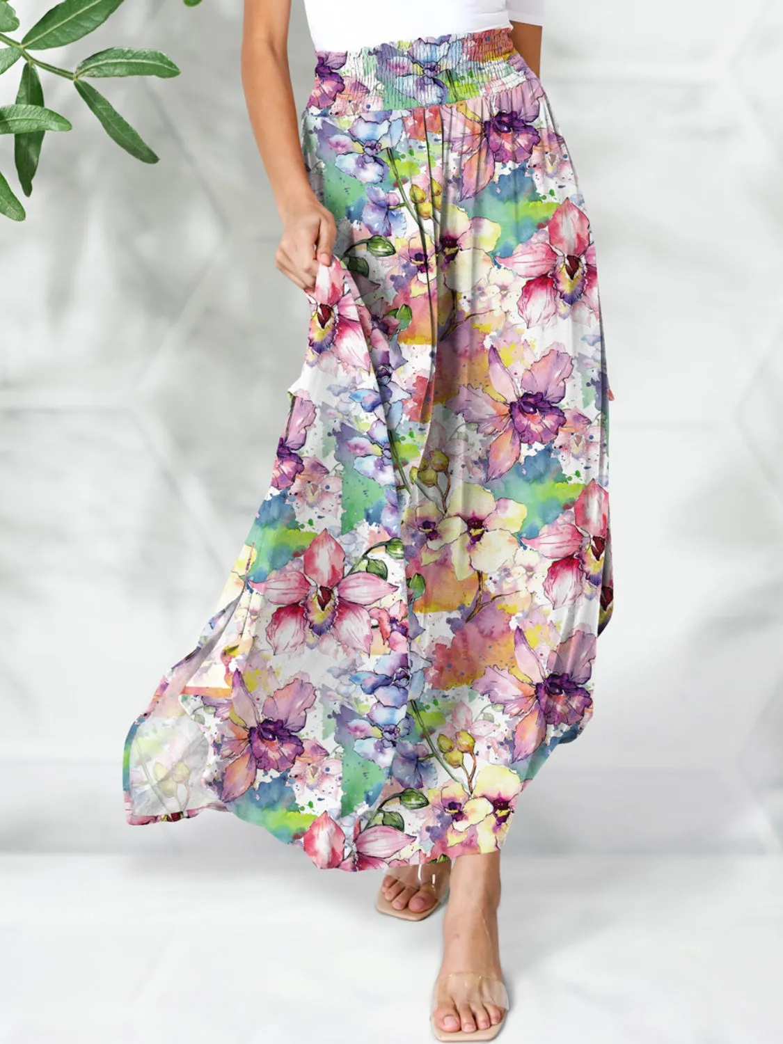 Smocked Printed Elastic Waist Maxi Skirt sold by Charming Charlie