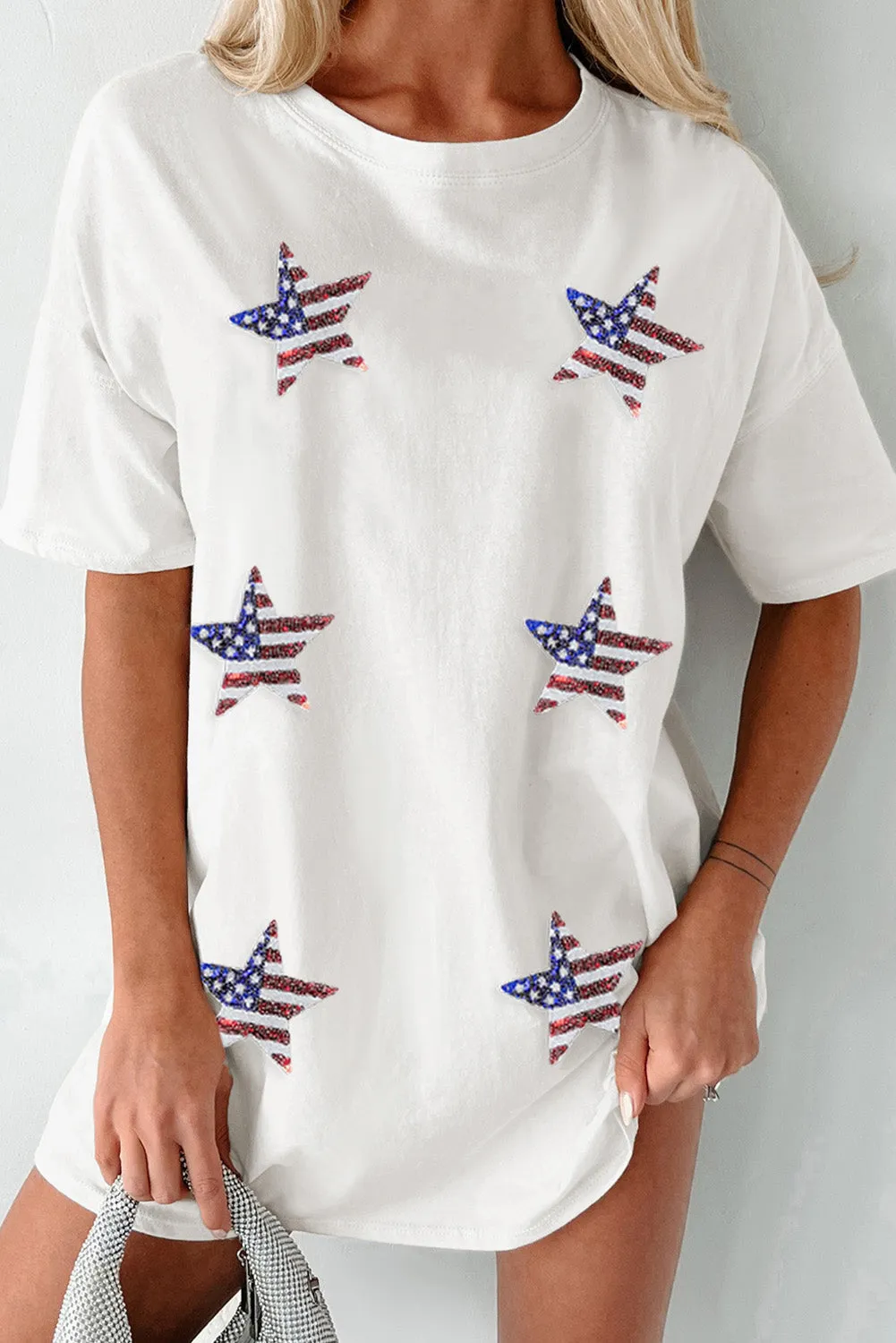 US Flag Star Round Neck Half Sleeve Oversize T-Shirt sold by Charming Charlie