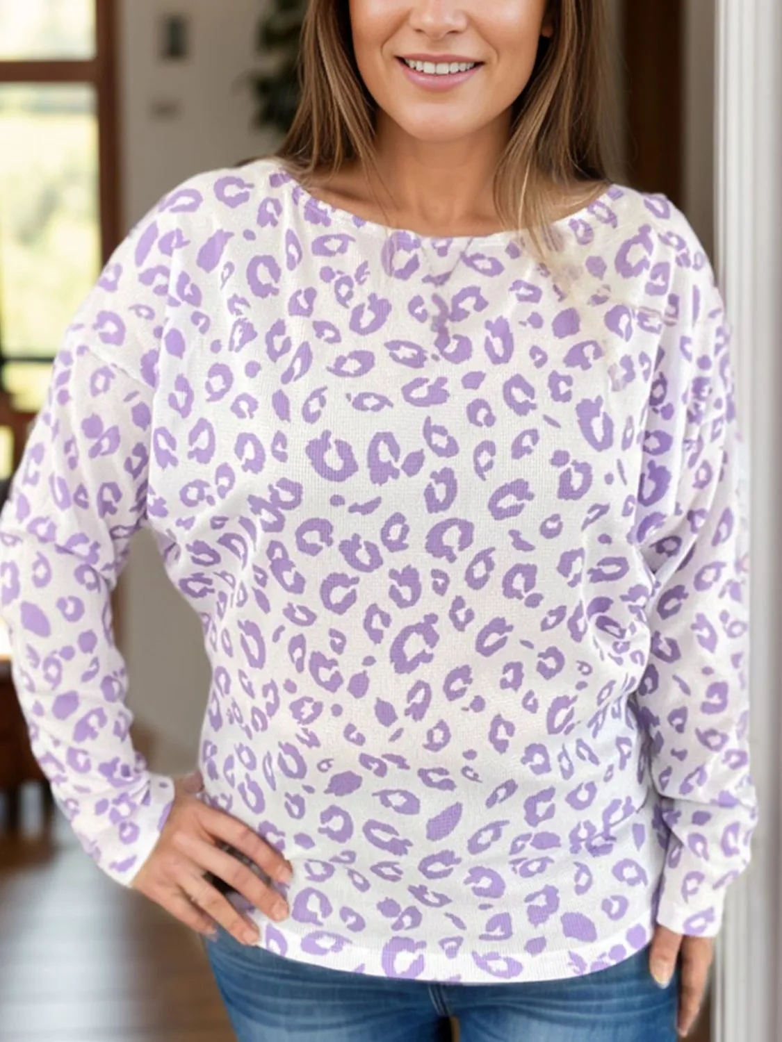 Plus Size Leopard Round Neck Long Sleeve Top sold by Charming Charlie