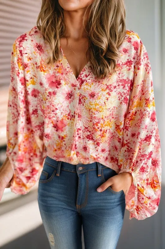 Floral Print V-Neck Lantern Sleeve Blouse sold by Charming Charlie
