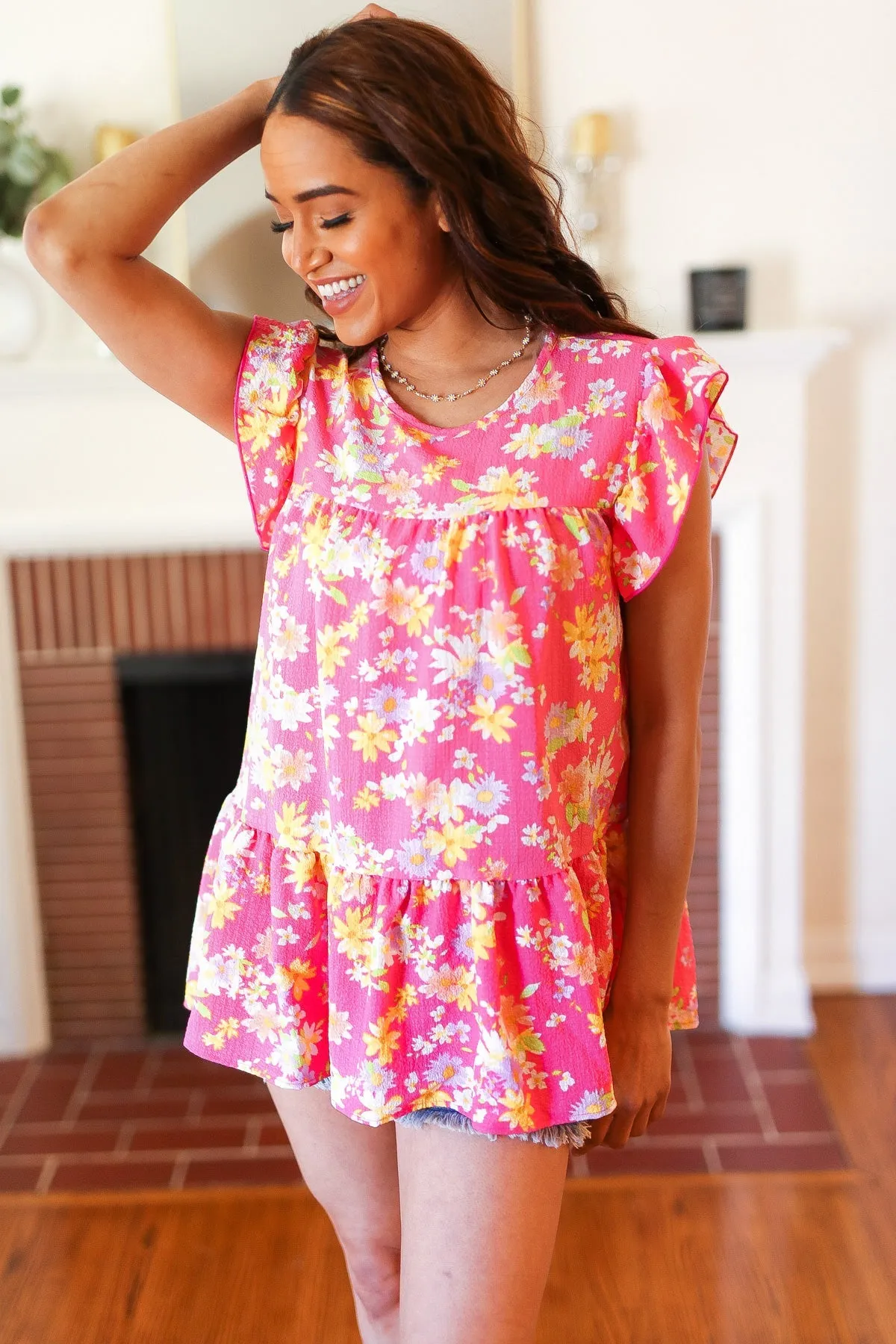 Diva Pink Floral Yoke Flutter Sleeve Keyhole Back Top sold by Charming Charlie product image thumbnail 5