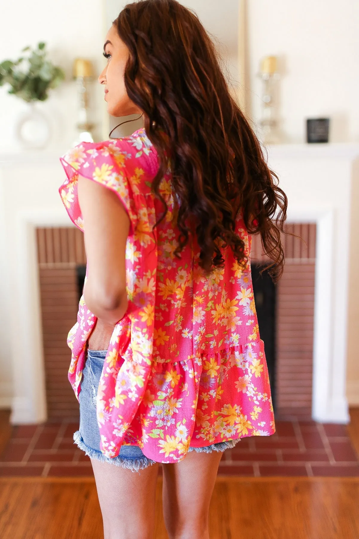 Diva Pink Floral Yoke Flutter Sleeve Keyhole Back Top sold by Charming Charlie product image thumbnail 3