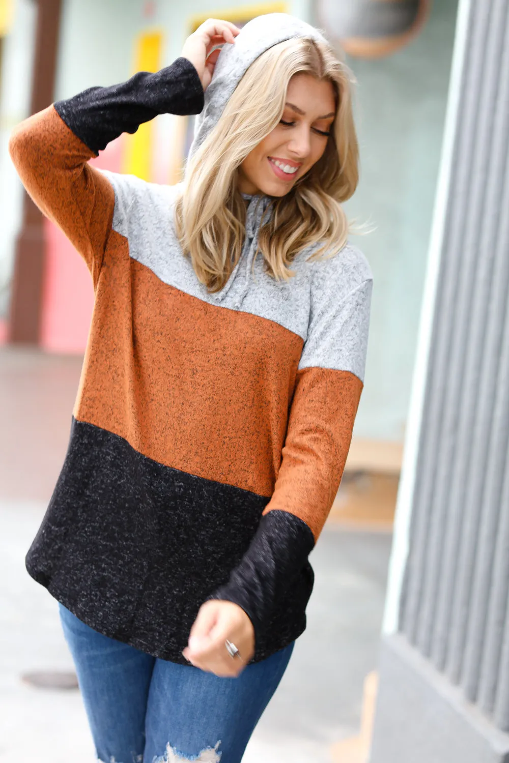 Heather Grey & Rust Color Block Hoodie Top sold by Charming Charlie product image thumbnail 4