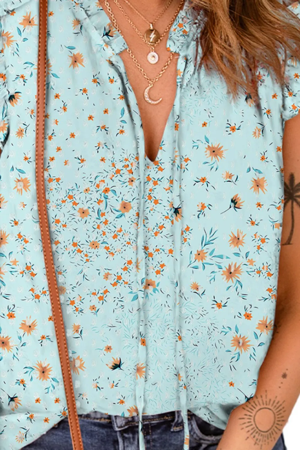 Printed Tie Neck Ruffle Trim Top sold by Charming Charlie product image thumbnail 2