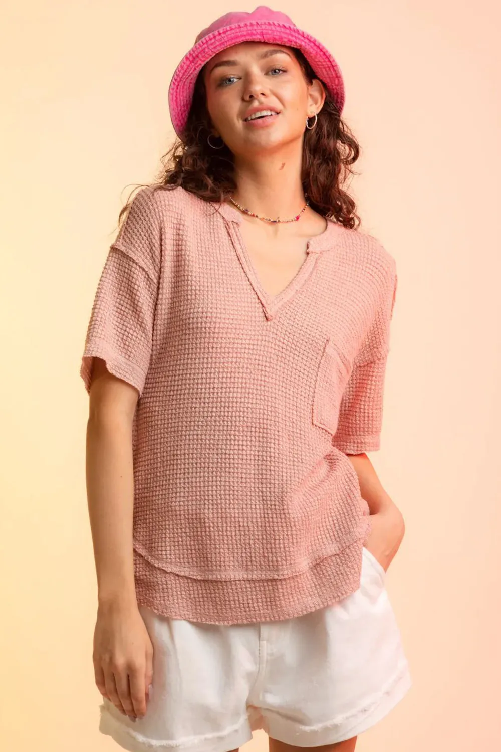 Waffle-Knit Notched Half Sleeve T-Shirt sold by Charming Charlie product image thumbnail 4