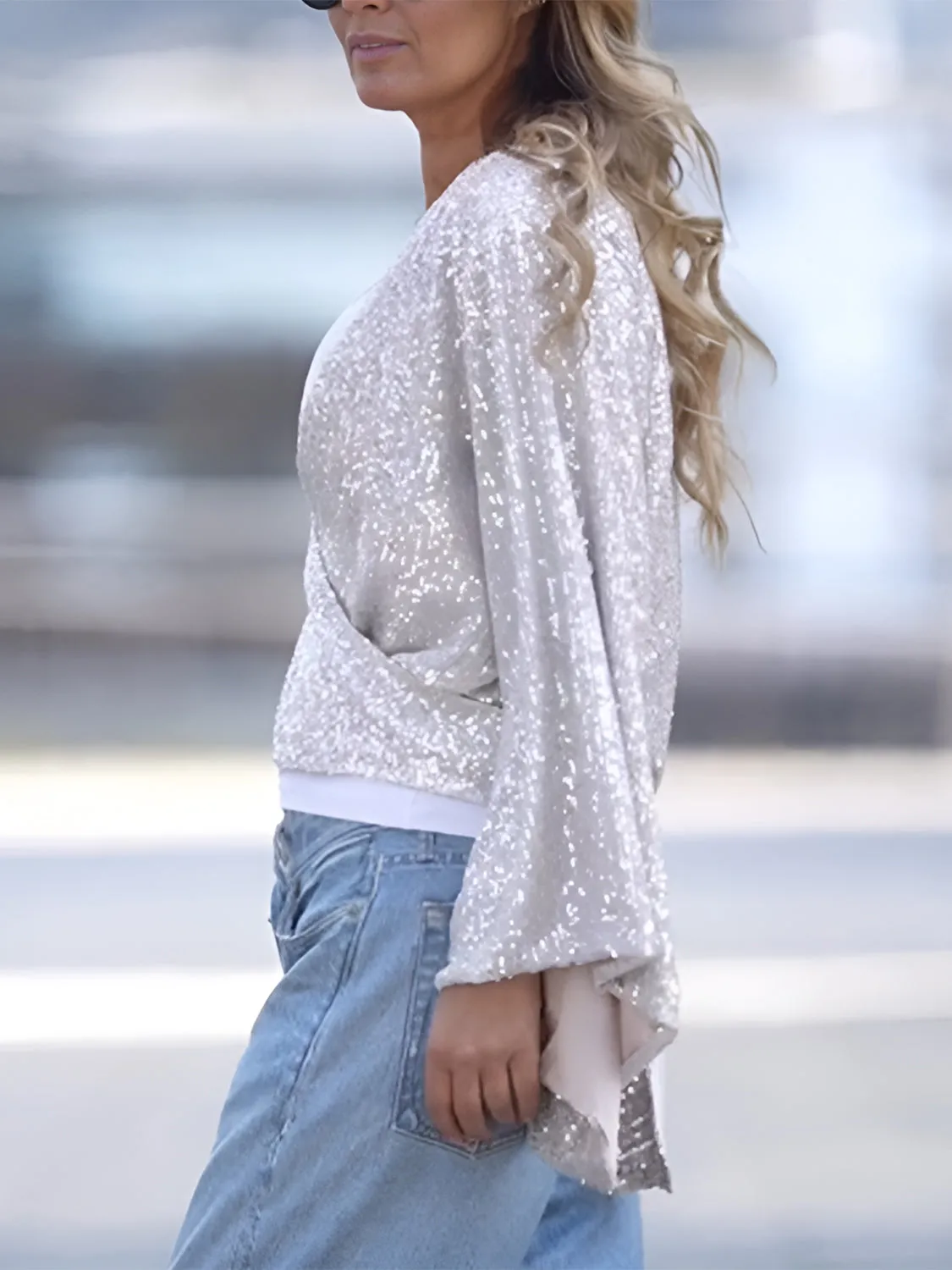 Tied Sequin Surplice Flare Sleeve Blouse sold by Charming Charlie product image thumbnail 3