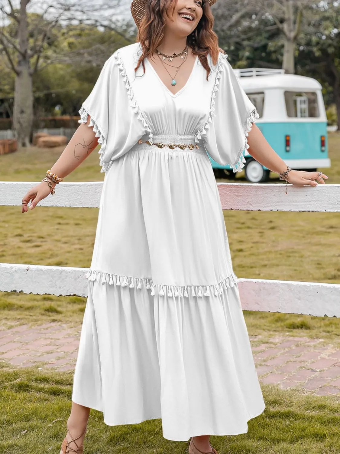 Plus Size Tassel Smocked V-Neck Half Sleeve Dress sold by Charming Charlie product image thumbnail 5