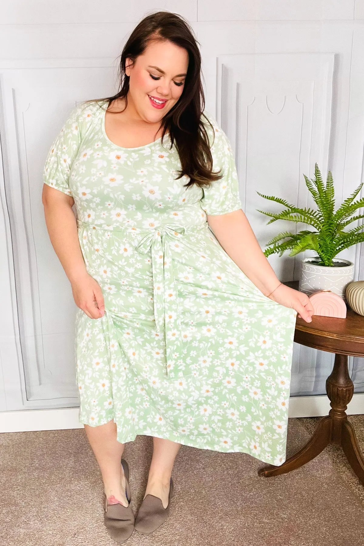 Sunny Days Sage Floral Print Fit & Flare Sash Belt V Neck Dress sold by Charming Charlie product image thumbnail 2